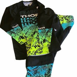Thor Kids Black and Neon Green motorcycle gear . Pants 28 waist and shirt XL